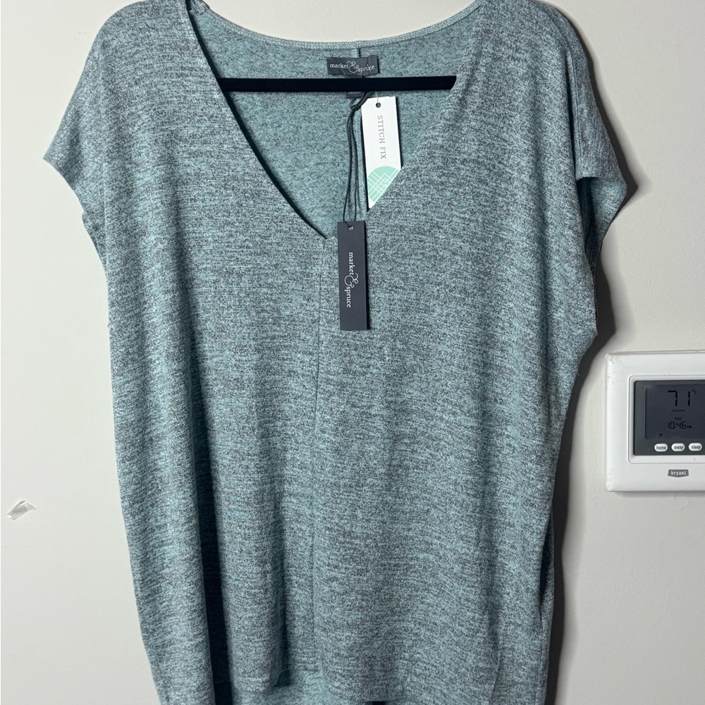 Market & Spruce Women's L Gray V Neck Short Sleeve Casual Everyday Tunic Top